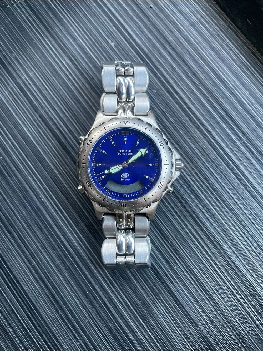 Vintage Fossil Blue Stainless Steel Watch Blue Dial Men’s Quartz Wristwatch